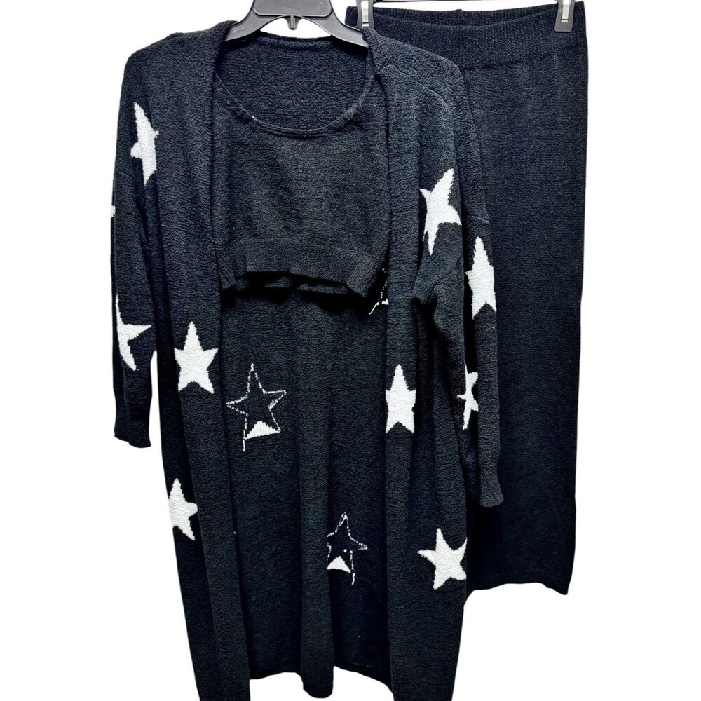 Womens 3 Pc Fuzzy Knit Lounge Set Black Size M Star Robe Crop Tank Wide Leg Pant